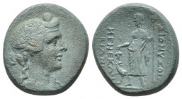 Greek Coins
PHRYGIA. Dionysopolis. ΜΕΝΕΚΛΗΣ ΒΙΑΝΟ (Menekles Biano), magistrate circa 200-0 BC.Draped bust of Dionysos right, wearing ivy wreath; thyrs...