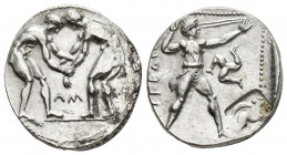 Greek Coins
PAMPHYLIA, Aspendos. Circa 380/75-330/25 BC. AR Stater Two wrestlers grappling; AM between / Slinger in throwing stance right; triskeles t...