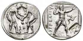 Greek Coins
PAMPHYLIA, Aspendos. Circa 380/75-330/25 BC. AR Stater Two wrestlers grappling; ΣK between / Slinger in throwing stance right; counterclo...