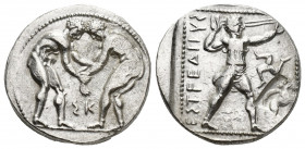 Greek Coins
PAMPHYLIA, Aspendos. Circa 380/75-330/25 BC. AR Stater Two wrestlers grappling; ΣK between / Slinger in throwing stance right; countercloc...
