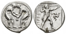 Greek Coins
PAMPHYLIA, Aspendos. Circa 380/75-330/25 BC. AR Stater Two wrestlers grappling; / Slinger in throwing stance right; counterclockwise trisk...