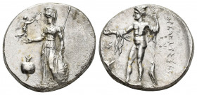 Greek Coins
PAMPHYLIA, Side. Circa 360-333 BC. AR Stater Athena Parthenos standing left, holding Nike, who crowns her with wreath, in her extended rig...