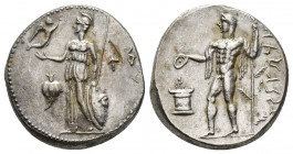 Greek Coins
PAMPHYLIA, Side. Circa 360-333 BC. AR Stater Athena Parthenos standing left, holding Nike, who crowns her with wreath, in her extended ri...
