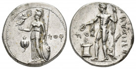 Greek Coins
PAMPHYLIA, Side. Circa 360-333 BC. AR Stater Athena Parthenos standing left, holding Nike, who crowns her with wreath, in her extended ri...