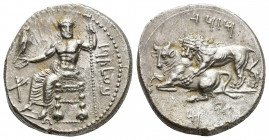 Greek Coins
CILICIA, Tarsos. Mazaios, Satrap of Cilicia. 361-334 BC. AR Stater 'BLTRZ' in Aramaic right, Baaltars seated left, torso facing, holding ...