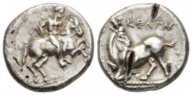 Greek Coins
CILICIA, Kelenderis. Circa 425-400 BC. AR Stater Nude youth, holding whip, dismounting from horse rearing right / KELE-N, goat kneeling l...