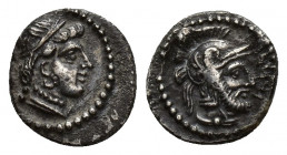 Greek Coins
CILICIA, Tarsos. Datames, Satrap of Cilicia and Cappadocia. 384-362 BC. AR Obol Struck 378-372 BC. Female bust right, wearing loop earring...