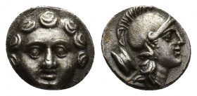 Greek Coins
PISIDIA, Selge. Circa 350-300 BC. AR Obol Facing gorgoneion / Helmeted head of Athena right; astralagos behind. 
Weight : 1 Diameter: 9.1
