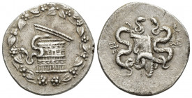 Greek Coins
MYSIA. Pergamon. Circa 166-67 BC. Cistophoric Tetradrachm , c. 123-104. Basket (cista mystica) from which snake coils; around, ivy wreath ...