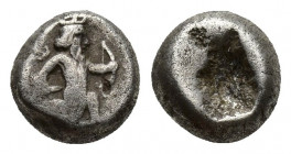 Greek Coins
ACHAEMENID EMPIRE. Time of Artaxerxes II to Darius III Circa 375-330 BC AR 1/4 Siglos. Sardes. Persian king in kneeling-running stance rig...