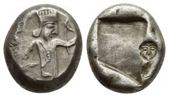 Greek Coins
Time of Artaxerxes II to Darius III 375-330 BC. Siglos AR Persian king in kneeling-running stance right, holding dagger and bow, quiver ov...