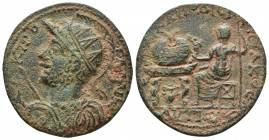 Roman Provincial
CARIA, Antiochia ad Maeandrum. Gallienus. AD 253-268. Ae Helmeted and cuirassed bust left, wearing radiate crown, holding spear and s...