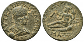 Roman Provincial
LYDIA. Saitta. Gallienus 253-268 . Ae. AV K Π Λ ΓAΛΛIHNOC.Laureate, draped and cuirassed bust right.River god Hyllos reclining left, ...