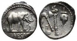 Roman Republic
JULIUS CAESAR. 49-48 BC. AR Denarius Military mint travelling with Caesar. CAESAR in exergue, elephant walking right, trampling on horn...