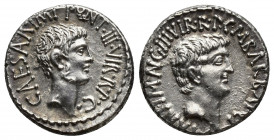 Roman Republic
Mark Antony and Octavian. 41 BC. AR Denarius Mint moving with Mark Antony. M. Barbatius Pollio, moneyer. Bare head of Antony right / Ba...
