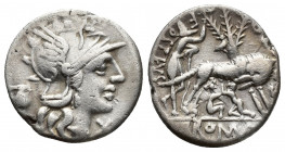 Roman Republic
Sex. Pompeius Fostlus. 137 BC. AR Denarius Rome mint. Helmeted head of Roma right; jug behind, X (mark of value) below chin / SEX PMO F...