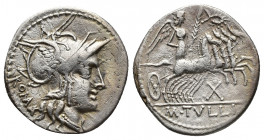 Roman Republic
M. Tullius. 119 BC. AR Denarius Rome mint. Helmeted head of Roma right / Victory driving galloping quadriga right, holding palm frond a...