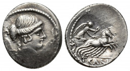 Roman Republic 
T. Carisius. 46 BC. AR Denarius Rome mint. Diademed and winged bust of Victory right, wearing earring and necklace; jewelled hair pull...