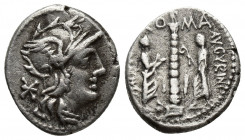 Roman Republic 
C. Augurinus. 135 BC. AR Denarius Rome mint. Helmeted head of Roma right; X (mark of value) below chin / Ionic column surmounted by st...