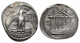 Roman Republic 
Moneyer issues of Imperatorial Rome. Petillius Capitolinus. 41 BC. AR Denarius Rome mint. Eagle with wings spread standing right on th...