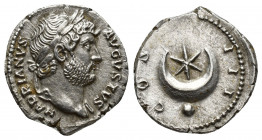 Roman Imperial
Hadrian AR Denarius. Rome, AD 125-128. HADRIANVS AVGVSTVS, laureate head right / COS III, star, above and within crescent; globe in exe...
