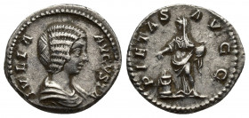 Roman Imperial
Julia Domna, wife of Septimius Severus AD 193-211. Rome Denarius AR IVLIA AVGVSTA, draped bust right, hair in horizontal waves / PIETAS...