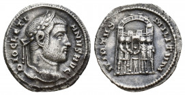 Roman Imperial
Diocletian AR Argenteus. Ticinum, circa AD 295. DIOCLETIANVS AVG, laureate head right, brow furrowed / VICTORIA SARMAT, tetrarchs sacri...