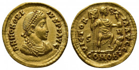 Roman Imperial
HONORIUS. 393-423 AD. AV Solidus Ravenna mint. Struck 402-3 or 405-6 AD. Pearl-diademed, draped, and cuirassed bust right / Honorius st...