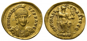 Roman Imperial
Honorius AV Solidus. Constantinople, AD 402-403. D N HONORIVS P F AVG, pearl-diademed, helmeted and cuirassed bust facing slightly righ...