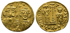 Byzantine
Constans II. AD 641-668. Byzantine Solidus AV dN CONSƮANVS, facing busts of Constans, on left with long beard, plumed helmet and chlamys, an...