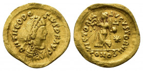 Byzantine
Theodosius II AV Tremissis. Constantinopolis, AD 408-420. D N THEODOSIVS P F AVG Pearl-diademed, draped, and cuirassed bust of Theodosius to...
