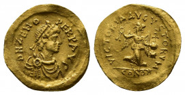 Byzantine
Zeno AV Tremissis. Second Reign, Constantinople, AD 476-491. DN ZENO PERP AVG, pearl-diademed, draped and cuirassed bust right / VICTORIA AV...