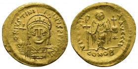 Byzantine
Justinian I AV Solidus. Constantinople, AD 537-542. D N IVSTINIANVS P P AVG, helmeted and cuirassed bust facing, holding globus cruciger and...