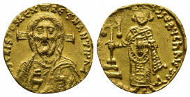 Byzantine
Justinian II AV Solidus. First reign. Constantinople, AD 692-695. IҺS CRISτOS RЄX RЄςNANτIЧM, facing bust of Christ Pantokrator / D IЧSτINI-...