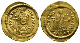 Byzantine
Maurice Tiberius . 582-602 AD. AV Solidus Carthage mint. Dated Indictional year 1 (582/3 AD). Helmeted (with cross) and cuirassed facing bus...