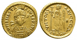 Byzantine
Anastasius I 491-518 AD - Solidus of Costantinopolis, 497-518 AD, AV ON ANASTASIVS PP AV (G) helmeted facing 
3/4 right, holding spear and s...