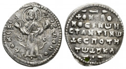 Byzantine
Constantine X Ducas. 1059-1067. AR 2/3 Miliaresion . Constantinople mint. The Virgin Mary
standing facing, orans / +ӨKЄ RO/HӨЄI KωN/CTANTI...