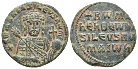 Byzantine
Romanus I Lecapenus Ae Nummus. AD 920-944. +RƜMAҺ' ЬASILЄVS RƜM', facing bust of Romanus I, bearded, wearing crown with cross and pendilia, ...