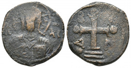 Byzantine
Nicephorus Basilacius. Usurper, 1078. Ae Follis Thessalonica mint. Facing bust of Christ Pantokrator / Jewelled patriarchal cross set on bas...