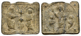 Byzantine 
Byzantine seal (PB) .The priest blesses the children circa 11th-12th centuries. (interesting typing)
Weight : 4.44 Diameter: 19.2