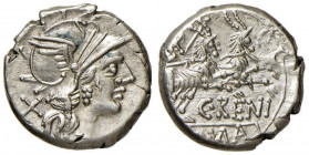 Renia - C. Renius - Denario (138 a.C.) Testa di Roma a d. - R/ Giunone Caprotina su biga trainata da due caproni - B. 1; Cr. 231/1 AG (g 4,06) Di inso...