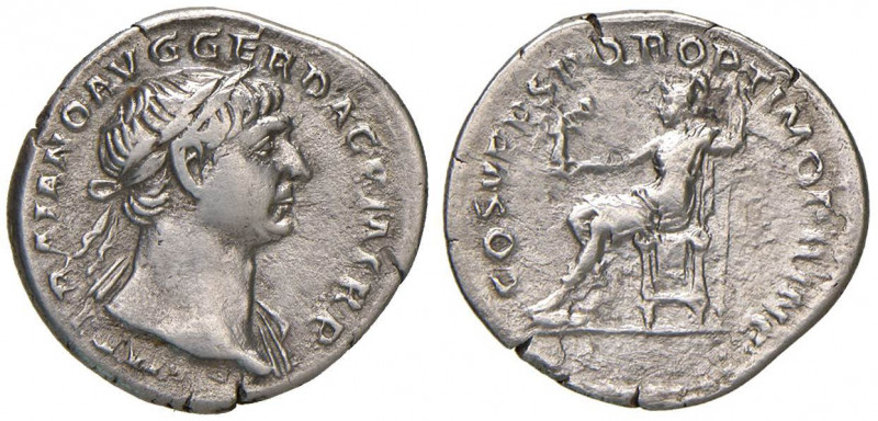Traiano (98-117) Denario - Testa laureata a d. - R/ Roma seduta a s. - RIC 116 A...