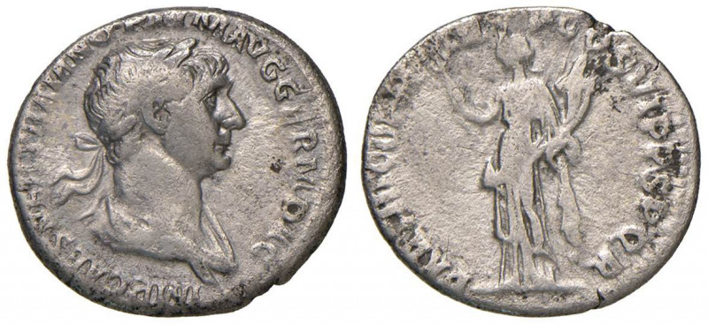 Traiano (98-117) Denario - Testa laureata a d. - R/ La felicità stante a s. - RI...