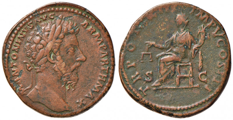 Marco Aurelio (161,180) Sesterzio - Testa laureata a d. - R/ La Giustizia seduta...