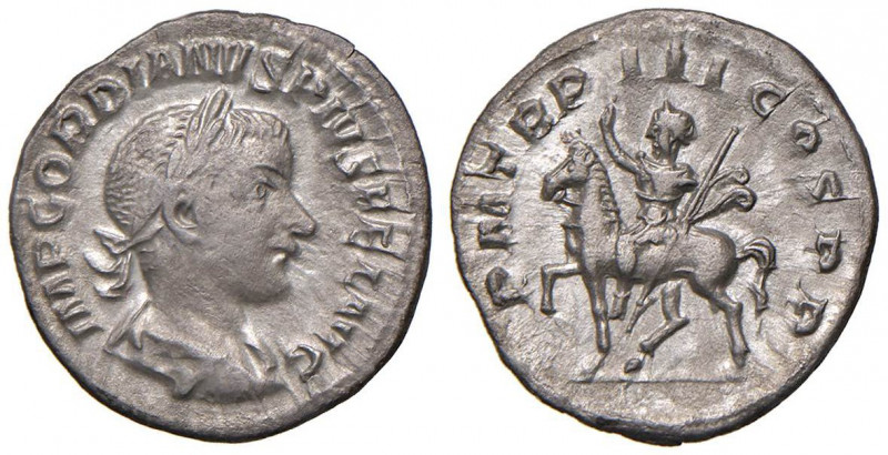Gordiano III (238-244) Denario - Busto laureato a d. - R/ L’imperatore a cavallo...