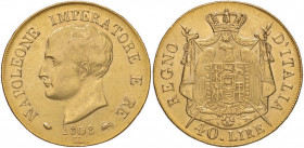 Napoleone (1805-1814) MILANO 40 Lire 1808 bordo in rilievo, apostrofo curvo - Gig. 72bis AU (g 12,91)
BB+
