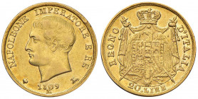 Napoleone (1805-1814) MILANO 20 Lire 1809 puntali aguzzi - Gig. 85 AU (g 6,42) Difetto di conio al D/
BB