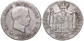 Napoleone (1805-1814) MILANO 5 Lire 1808 puntali aguzzi - Gig. 103 AG (g 24,65) Bordo in rilievo 
qBB