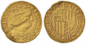 NAPOLI Ferdinando d’Aragona (1458-1494) Ducato con sigla T - MIR 64/5 AU (g 3,45) Piegatura del tondello, metallo brunito 
SPL