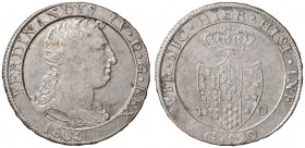 NAPOLI Ferdinando IV (1759-1816) Piastra 1805 - Magliocca 392 AG (g 27,40) Graffietti al D/. Graffi di conio al R/. Screpolature al bordo
BB